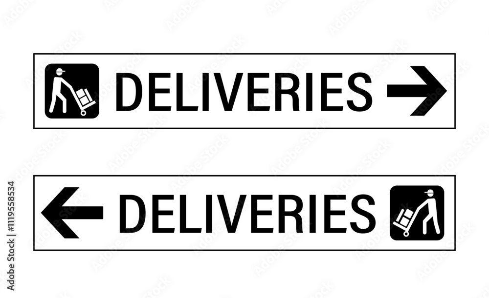 Two delivery entrance sign, one with arrow pointing left, the other ponting right, with silhouette of deliveryman  and text. Long horizontal shape.	