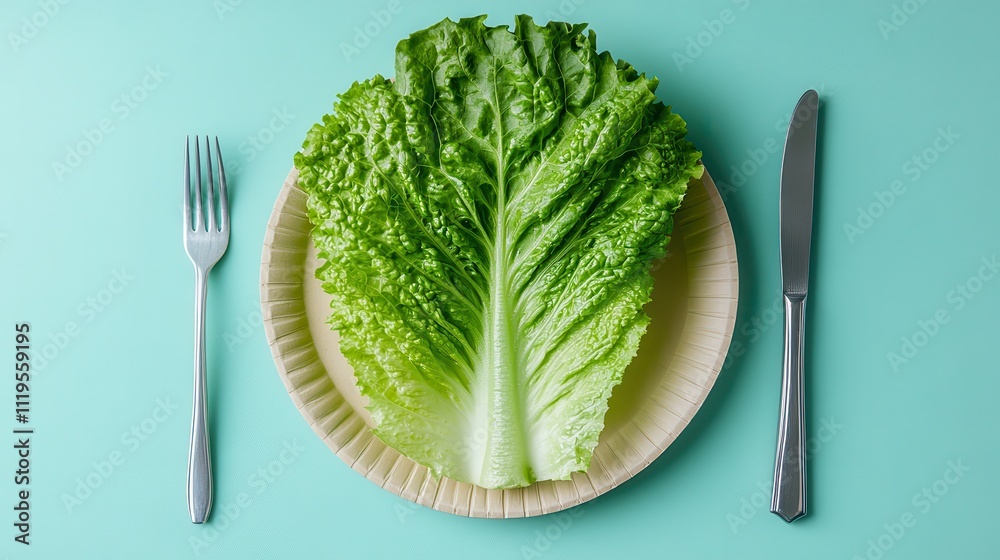Fresh Green Lettuce Leaf on Plate with Fork and Knife on Blue Table Fresh Green Lettuce Leaf on Plate with Fork and Knife on Blue Table