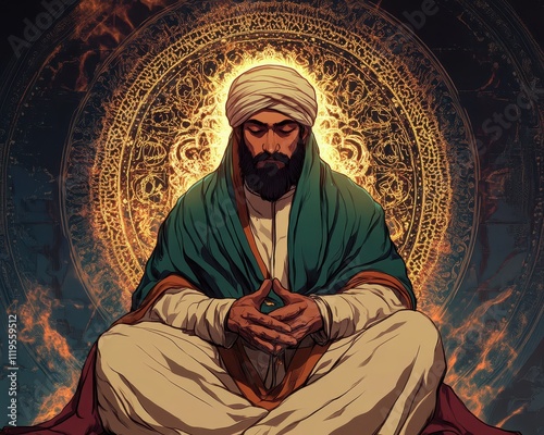 Prophet Muhammad in traditional art style, a glowing backdrop symbolizing divine guidance, subtle retro details illuminating faith photo