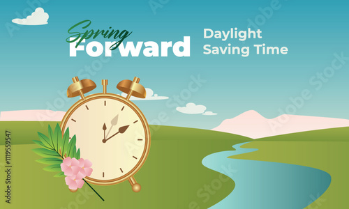Spring Forward 2025 March Alarm Clock . Alarm clock moved one hour forward. Transition to daylight saving time. Clock and Spring composition. Vector illustration