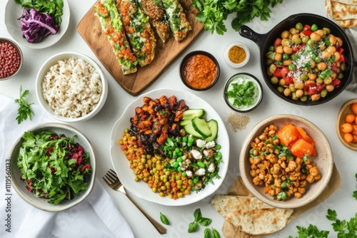 A vibrant array of plant-based meal options on a modern kitchen counter, representing the trend towards veganism, Plant-based diet scene