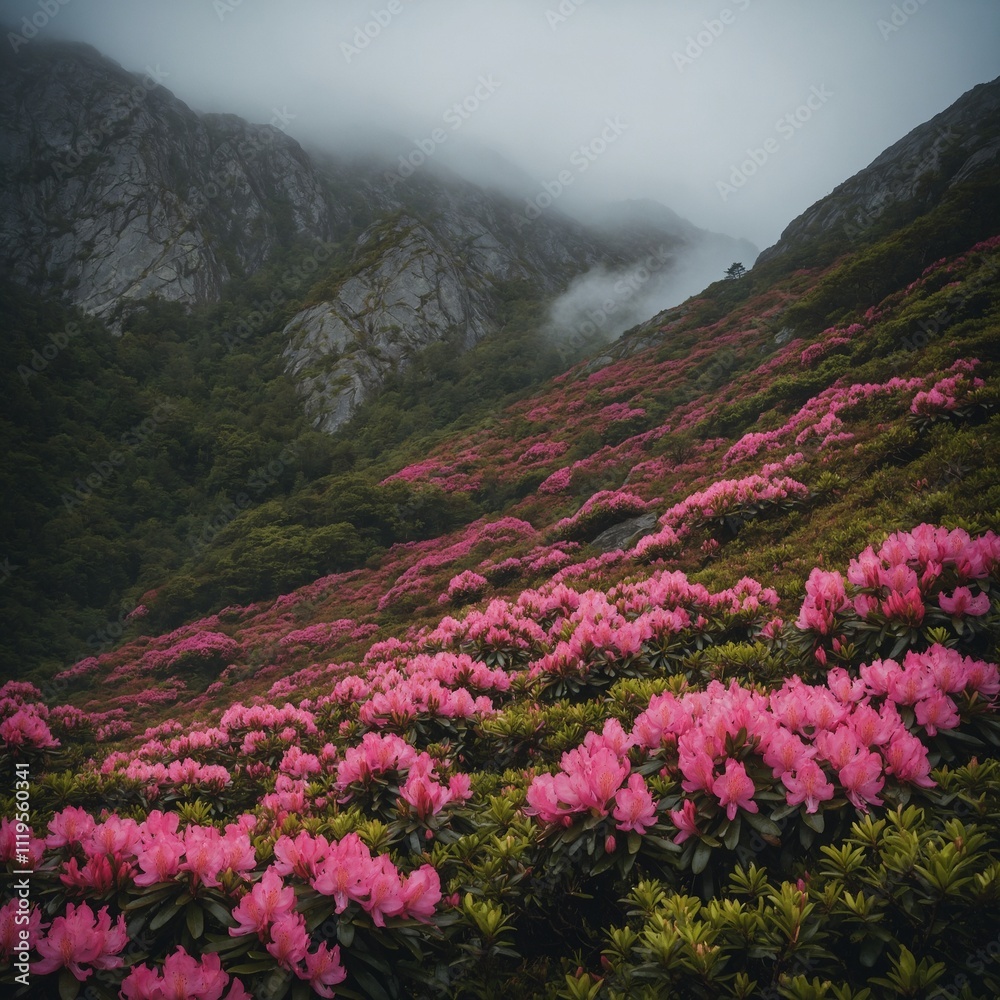 A misty mountainside covered in rhododendrons in bloom. A misty mountainside covered in rhododendrons in bloom.