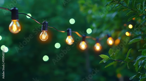A festive backyard adorned with string lights against a green bokeh background, perfect for messages.