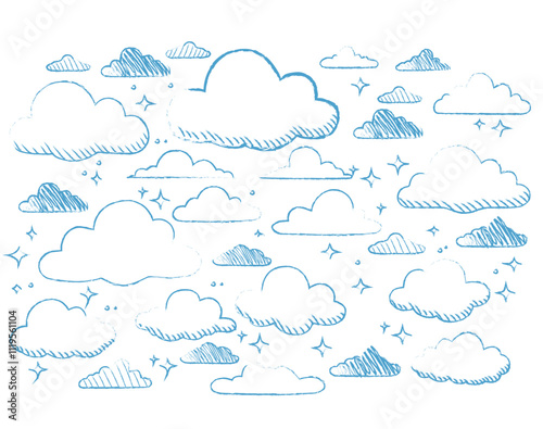 Illustration of pencil blue pen clouds doodle. Atmospheric sky element for meteorology or weather