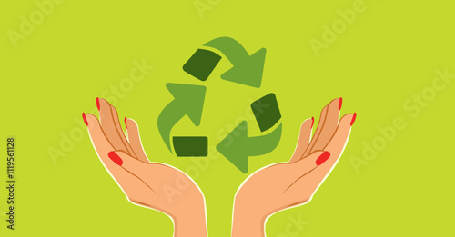 Hands holding ecology recycling symbol concept vector illustration. Sustainability idea