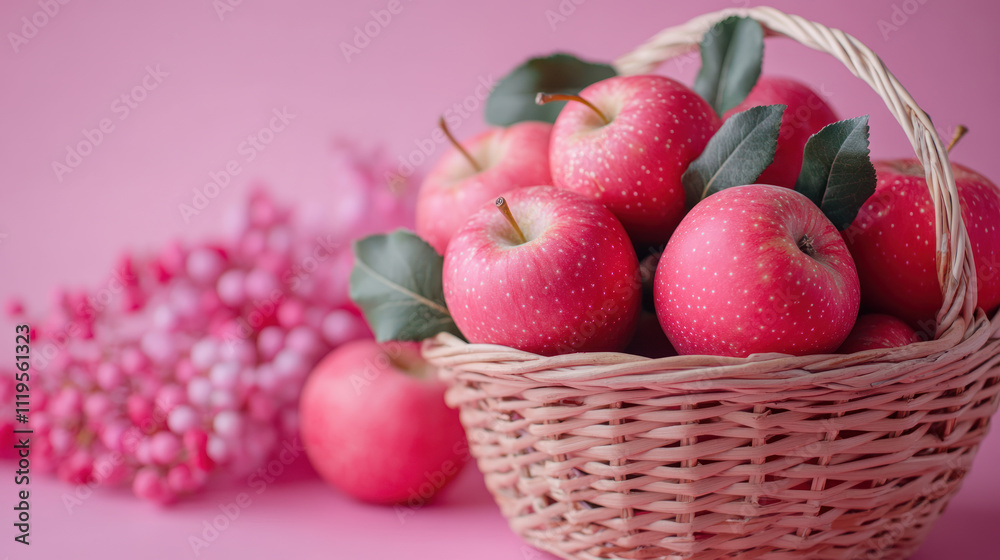 Pink theme festive copy space with apples in basket for christmas Pink theme festive copy space with apples in basket for christmas