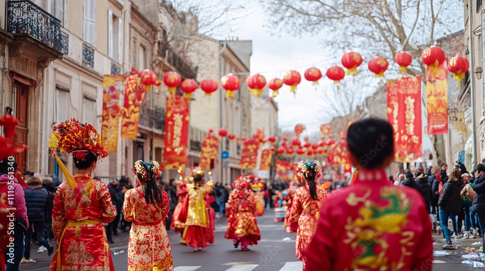 Naklejka premium Festive Street Celebration with Lanterns and Colorful Performers