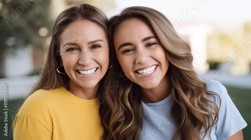 A mother and daughter smiling at the camera