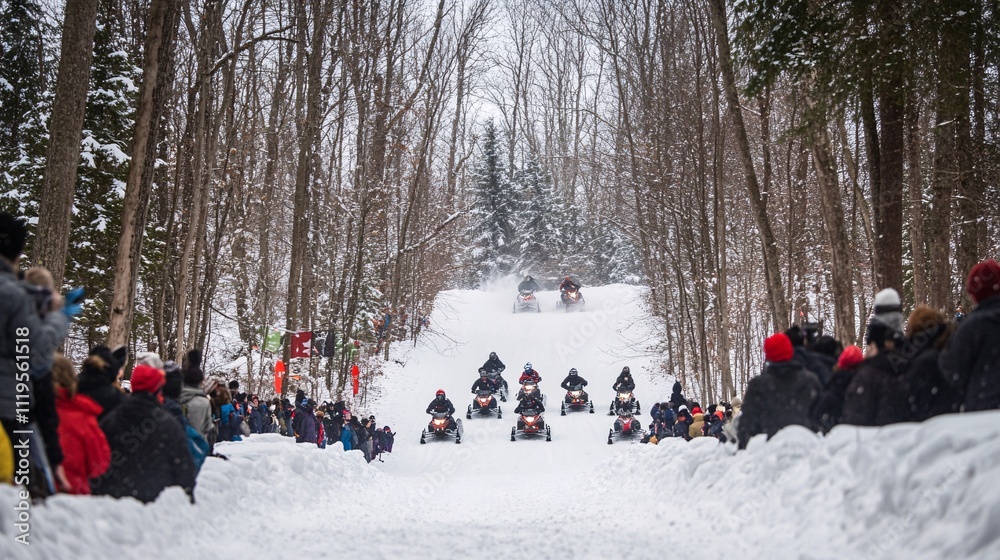 Fototapeta premium Snowmobile Riders Racing Through Snowy Forest Trail in Winter
