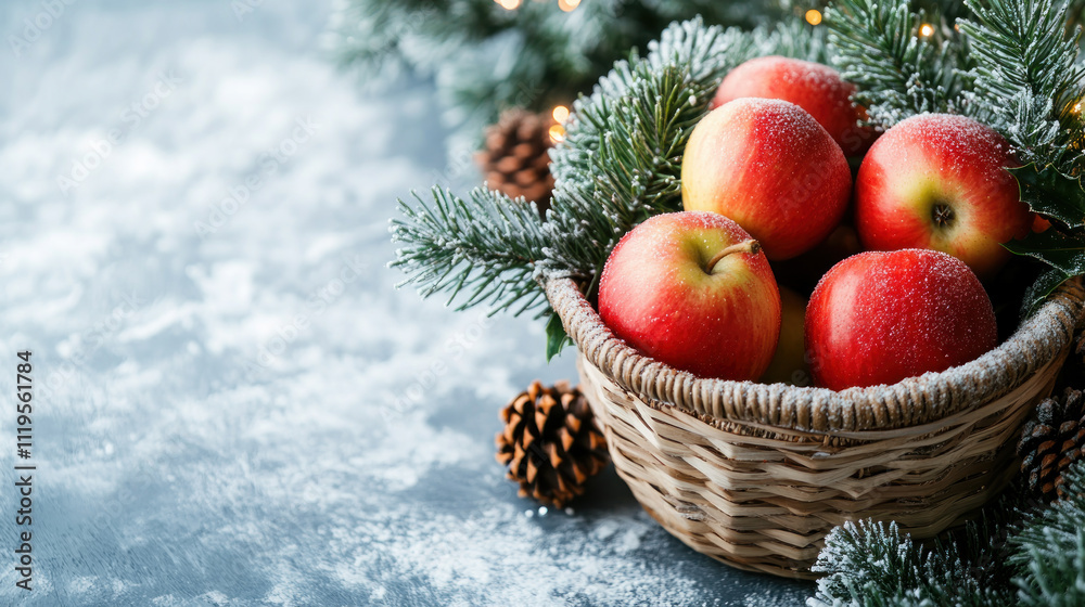 White theme festive copy space with apples in basket for christmas White theme festive copy space with apples in basket for christmas