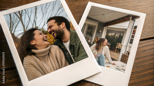 Polaroid photos of a happy couple sharing moments together on a wooden table
