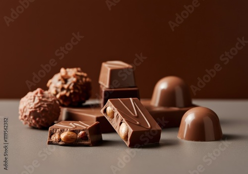 Delicious assortment of chocolate bars with nuts featuring pantone chocolate tones in the trendy color of 2025 Mocha Mousse 