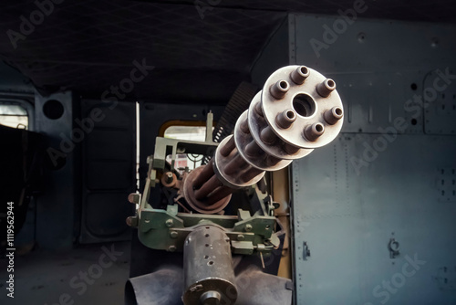 Принти на полотні Machine gun mounted on a Huey Helicopter, War Remnants Museum, Saigon, Ho Chi Mi