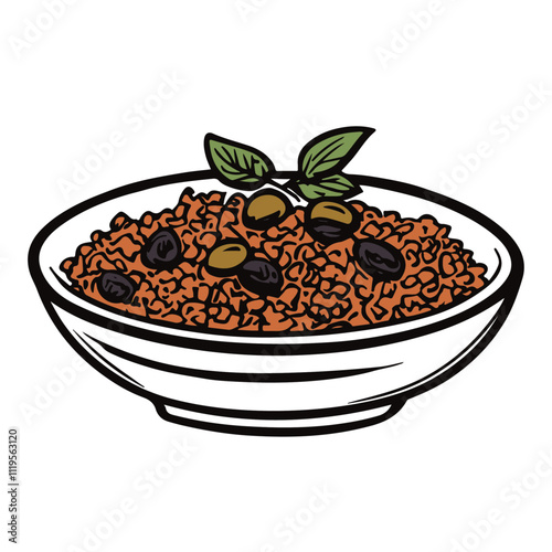 Cuban Picadillo with Ground Beef, Olives, and Raisins – A Rich, Flavorful Dish That's a Staple in Cuban Cuisine Black Outline Vector Illustration