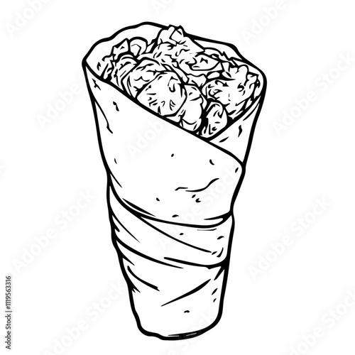 Egyptian Shawarma with Spicy Chicken Wrapped in Pita – A Street Food Favorite with Vibrant Flavors Black Outline Vector Illustration photo