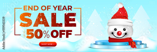 Banner design for End of year sale 50% off, offer, deal, discount logo with podium and winter snow land background.