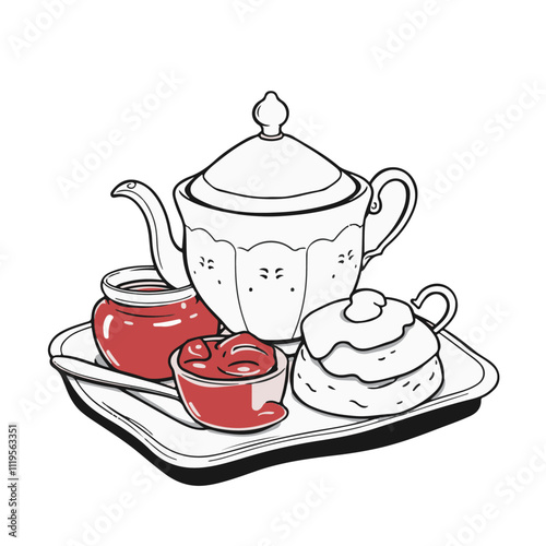 English Cream Tea with Scones, Clotted Cream, and Jam – A Quintessentially British Experience Black Outline Vector Illustration