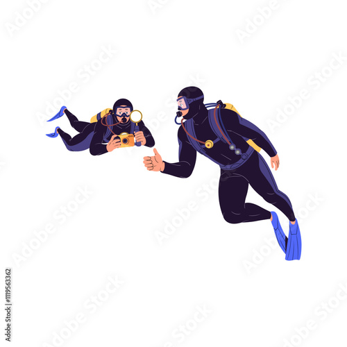 Scuba diver takes photo underwater. Swimmers with aqualung, fins photography with thumbs up gesture during diving into ocean. Photographer swimming in sea. Flat isolated vector illustration on white