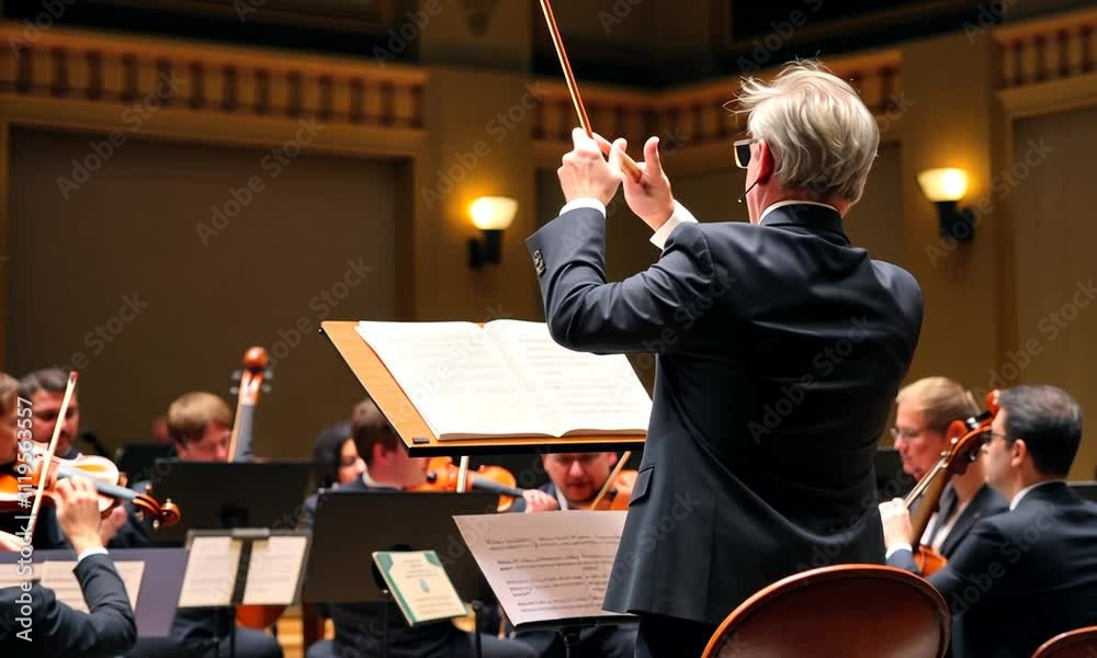 Energetic orchestra performance captivates audience with classical melodies in grand concert hall
