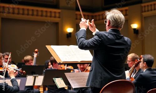 Energetic orchestra performance captivates audience with classical melodies in grand concert hall