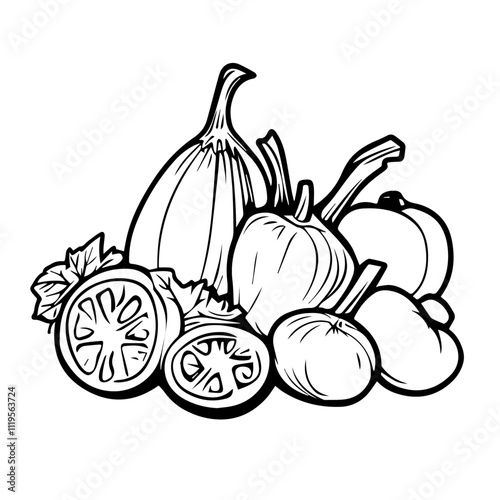 French Ratatouille with Summer Vegetables – A Colorful, Healthy Medley of Flavors Black Outline Vector Illustration