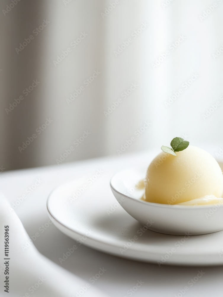 A delicate scoop of lemon sorbet garnished with a mint leaf on a minimalist plate. A delicate scoop of lemon sorbet garnished with a mint leaf on a minimalist plate.