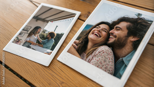 Polaroid photos of a happy couple sharing moments together on a wooden table