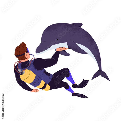 Swimmer diving to ocean wildlife, communicates with wild dolphin. Scuba diver swimming underwater with aqualung, goggles. Man freediving with sea fauna. Flat isolated vector illustration on white