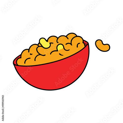 an illustration of a red bowl filled with yellow macaroni and cheese.