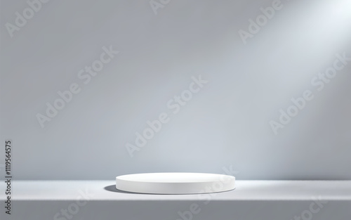 3d white podium in gray empty room with table. Background studio scene with platform for product presentation