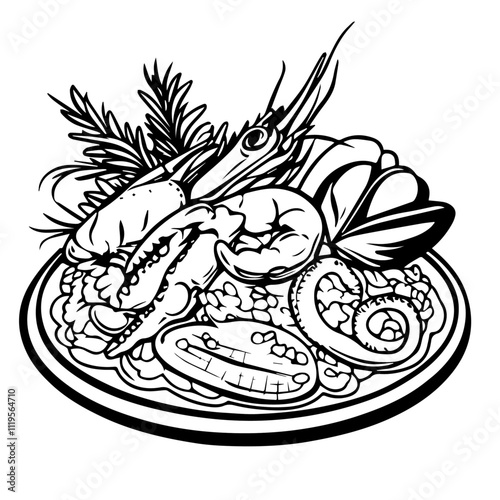 Italian Seafood Risotto with Shrimp, Mussels, and Squid – A Luxurious Dish That Tastes Like the Sea Black Outline Vector Illustration