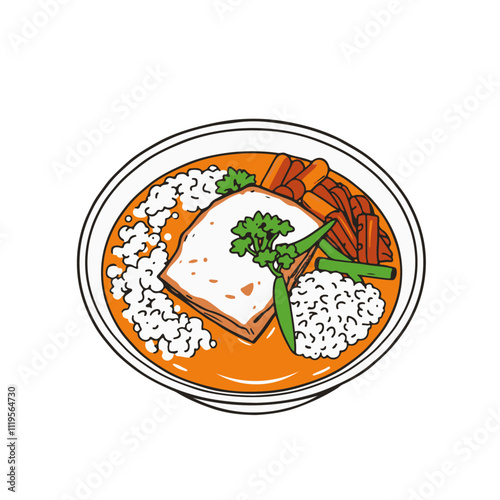 Japanese Curry with Pork Cutlet, Rice, and Pickled Vegetables – A Hearty, Comforting Meal Black Outline Vector Illustration