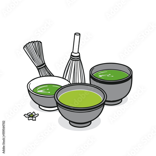 Japanese Matcha Tea Set, Including Whisk, Bowl, and Green Tea – Traditional Elements for a Serene Tea Ceremony Black Outline Vector Illustration