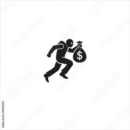 Silhouette illustration of a thief running with a money bag, symbolizing theft or crime. Ideal for use in security warnings, crime prevention materials, or financial fraud discussions.
