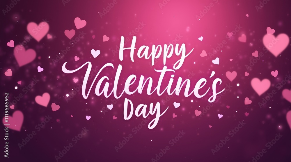 Happy Valentine's Day text on a purple bokeh hearts background. Romantic holiday design with light effects and copy space Happy Valentine's Day text on a purple bokeh hearts background. Romantic holiday design with light effects and copy space