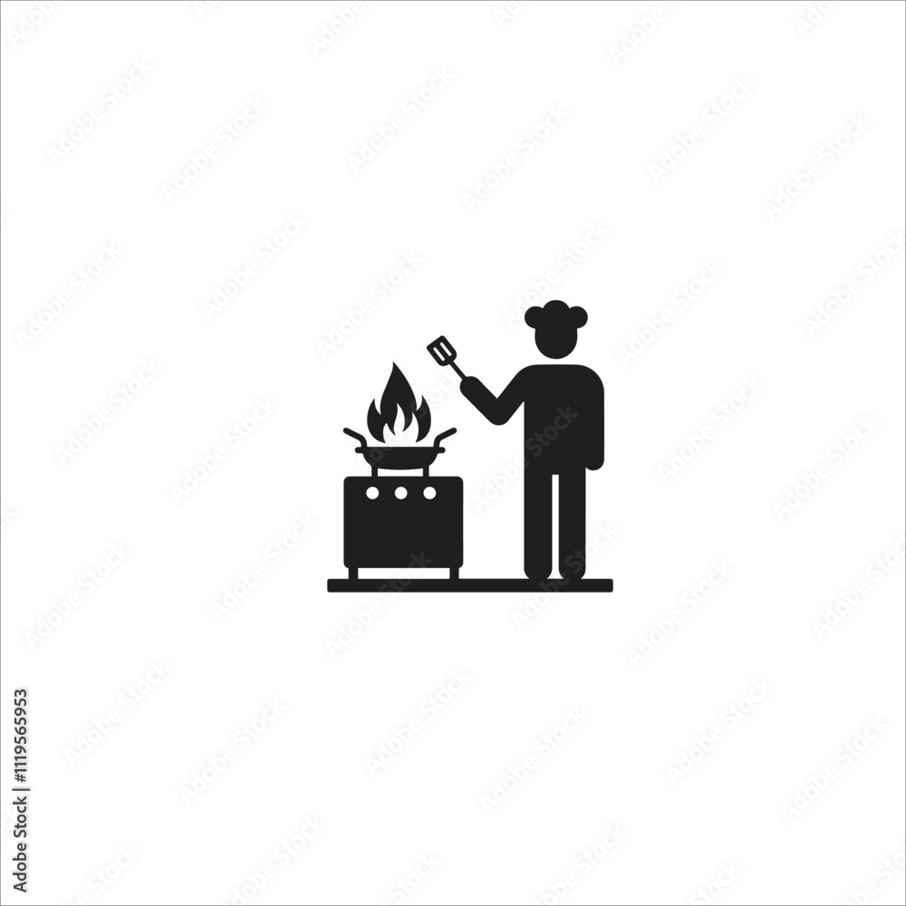 Silhouette of a chef cooking food on a stove, symbolizing culinary skills and passion. Ideal for representing gastronomy, kitchen, and cooking concepts in a minimalist design. Silhouette of a chef cooking food on a stove, symbolizing culinary skills and passion. Ideal for representing gastronomy, kitchen, and cooking concepts in a minimalist design.