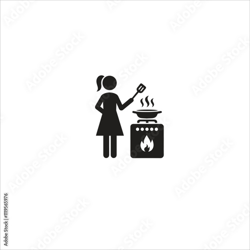 Simplistic silhouette of a woman cooking with a spatula on a stove. The image represents homemade culinary skills and kitchen activities. Ideal for illustrating cooking concepts and culinary themes.