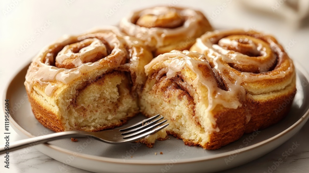 Freshly baked cinnamon rolls with glaze served on a plate Freshly baked cinnamon rolls with glaze served on a plate