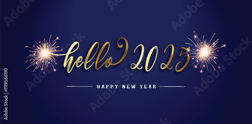 "Happy New Year 2025" written in glowing letters with sparklers illuminating a festive night scene