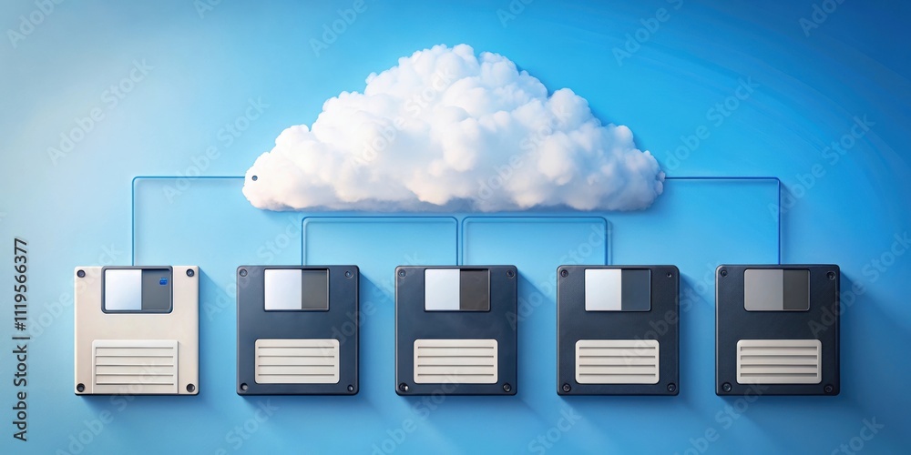 An depicting the evolution of storage media from floppy disks to modern cloud storage, technology, evolution, storage An depicting the evolution of storage media from floppy disks to modern cloud storage, technology, evolution, storage