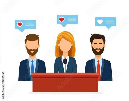 Illustration of a group of people. A panel of three speakers, featuring a woman at the center, discussing ideas with supportive comments illustrated above.