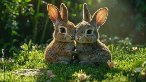 Two adorable bunnies cuddling in a lush green garden, bathed in sunlight.