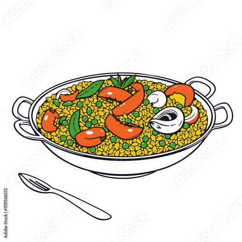 Spanish Paella with Seafood, Saffron Rice, and Peas – A Vibrant, Aromatic Dish That Captures the Essence of Spain Black Outline Vector Illustration