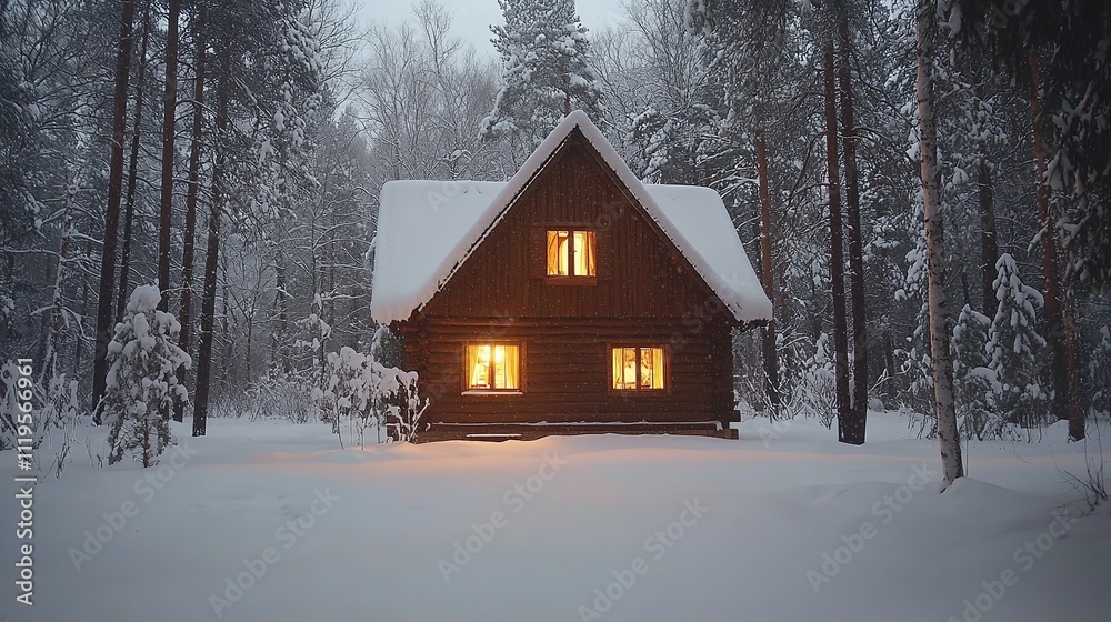 Snow-Covered Cabin in the Woods with a Warm Glowing Window and Cozy Atmosphere