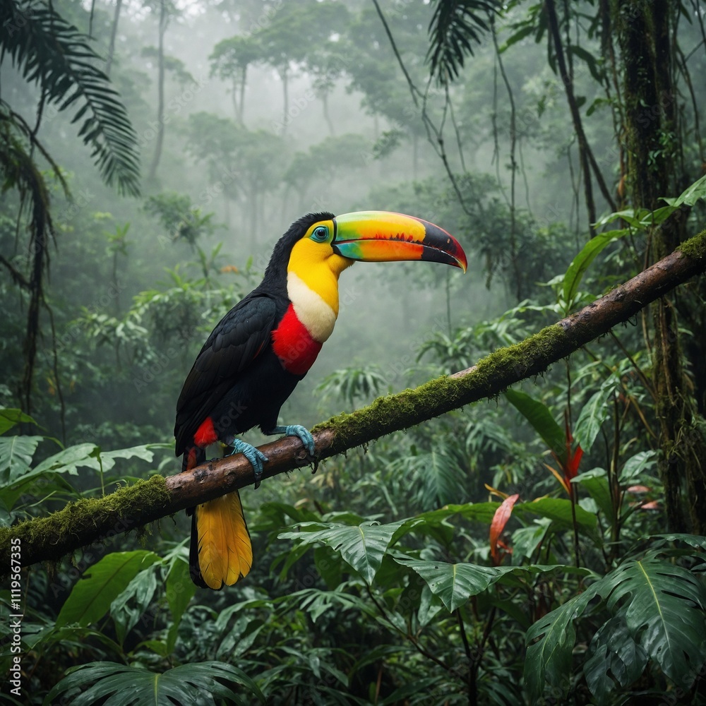 A colorful toucan perched on a branch in a lush rainforest, surrounded by mist. A colorful toucan perched on a branch in a lush rainforest, surrounded by mist.
