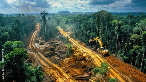  Overhead perspective of logging activity in tropical forests, exposing human impact on ecosystems