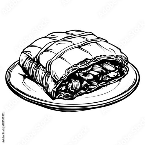 British Beef Wellington with Puff Pastry and Mushroom Duxelles – An Elegant Dish Celebrated for Special Occasions Black Outline Vector Illustration