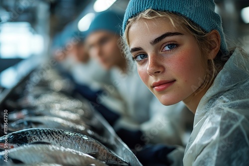 Workers in Protective Gear at a Fish Processing Plant