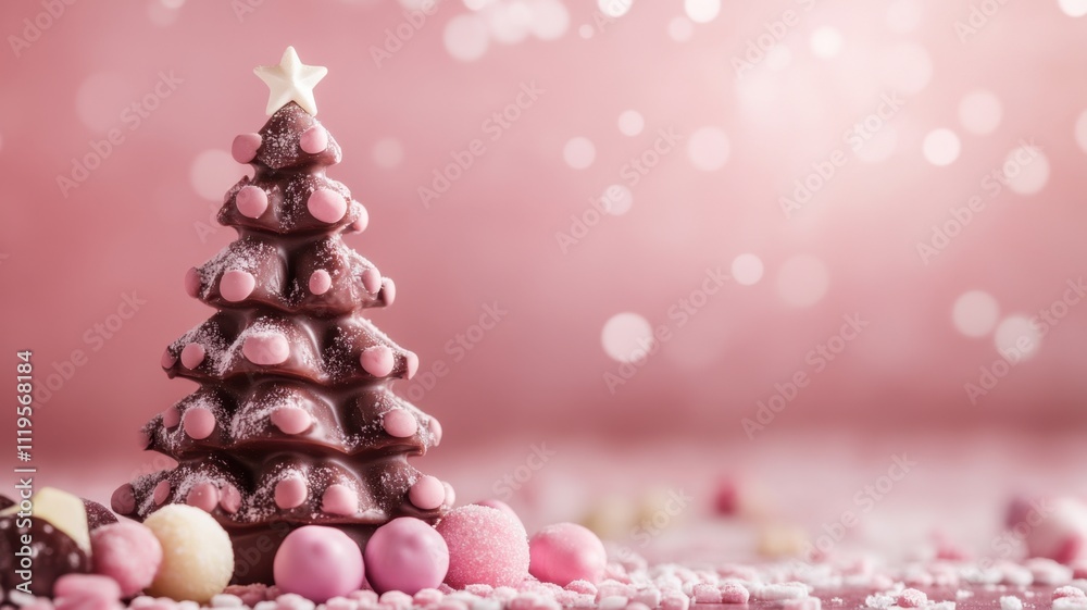 Christmas tree made of chocolate candies with a star on top representing alternative symbols, copy space on a pink background Christmas tree made of chocolate candies with a star on top representing alternative symbols, copy space on a pink background