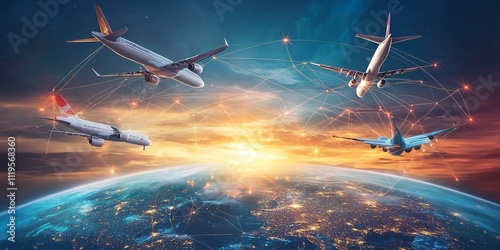 Air Travel Connectivity Concept with Airplanes Circling Digital Globe and Glowing City Links photo